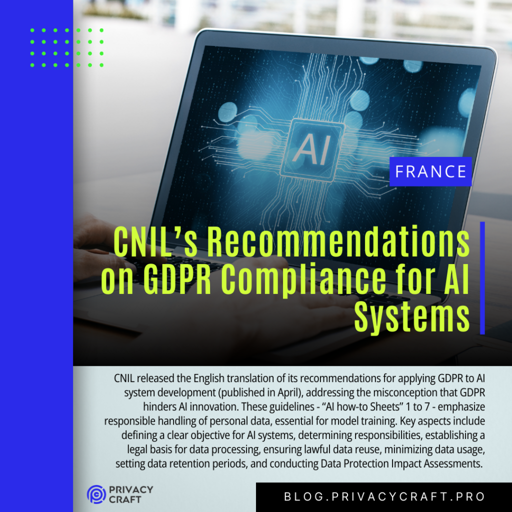 CNIL’s Recommendations on GDPR Compliance for AI Systems