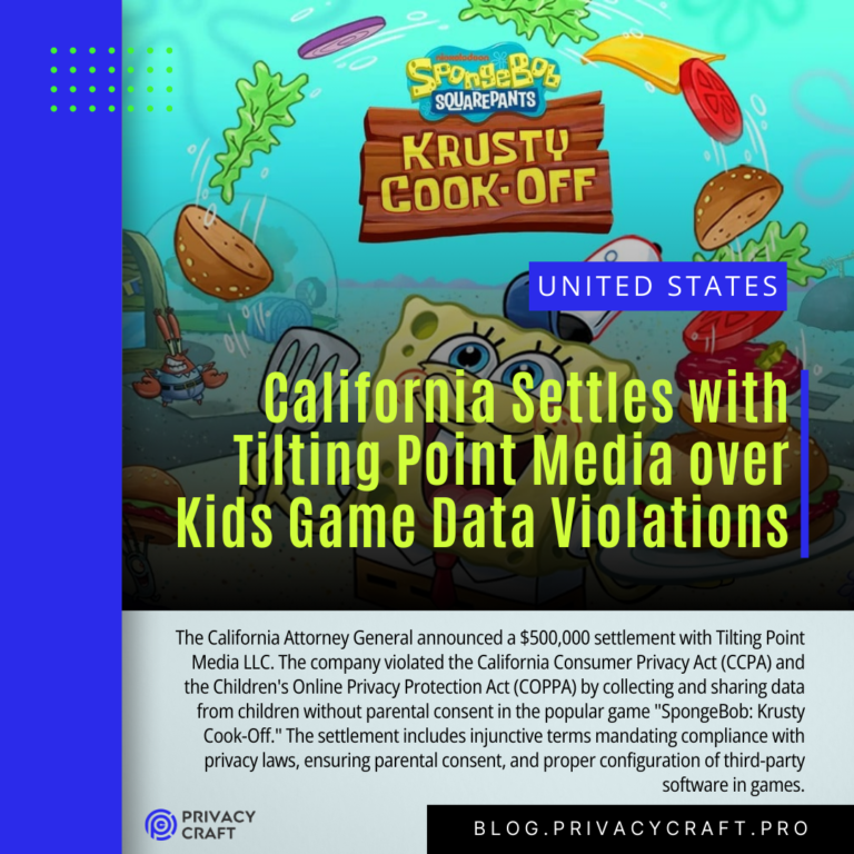 The California Attorney General announced a $500,000 settlement with Tilting Point Media LLC. The company violated the California Consumer Privacy Act (CCPA) and the Children's Online Privacy Protection Act (COPPA) by collecting and sharing data from children without parental consent in the popular game "SpongeBob: Krusty Cook-Off." The settlement includes injunctive terms mandating compliance with privacy laws, ensuring parental consent, and proper configuration of third-party software in games.